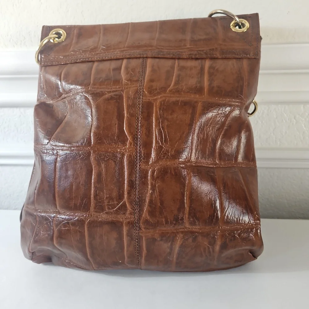 Kate Landry Brown Croc Crossbody Messenger Bag Gold Hardware - Picture 2 of 9